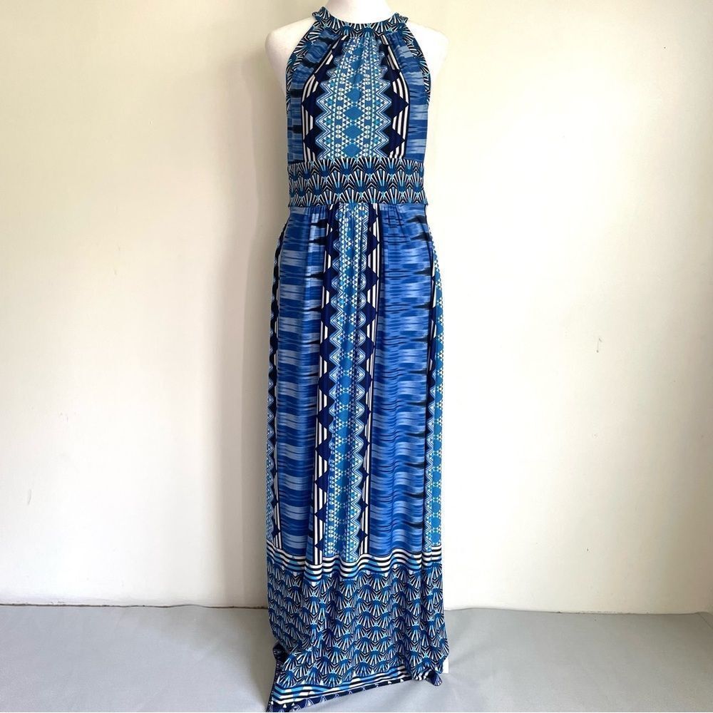 Ronni Nicole Blue Abstract Travel Maxi Dress Stretch Women’s Size 6